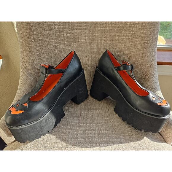 HOT TOPIC Pumpkin Platforms Shoes Jack O'Lantern Mary Jane Goth Platforms Sz 10 - Picture 2 of 5